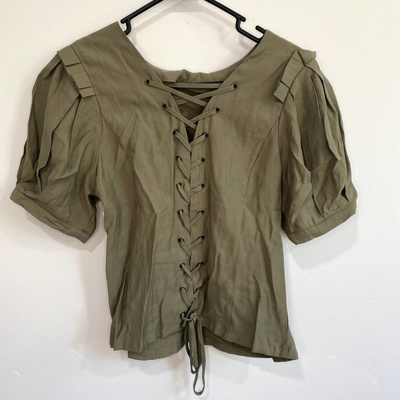 J.OA. Womens Open Back Lace Up Top with Short Puff Sleeves - Picture 4 of 7